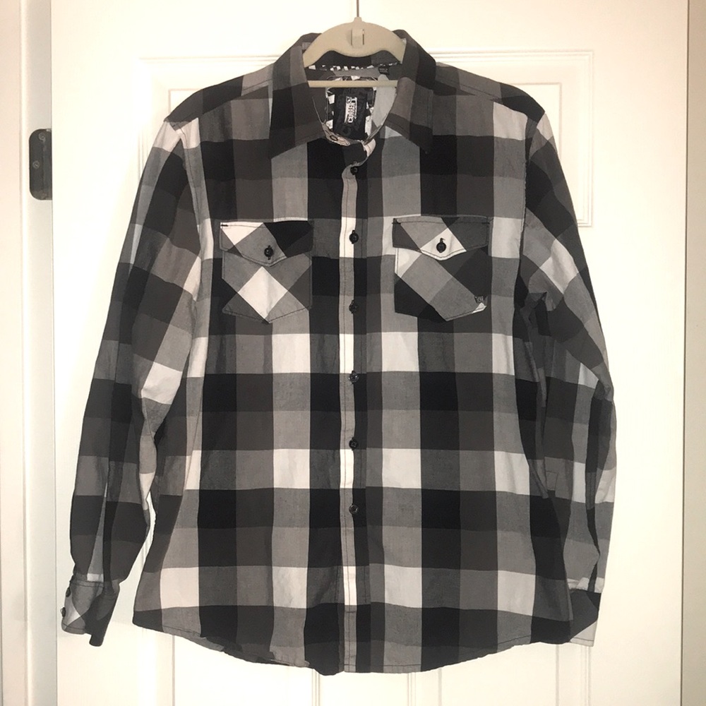 Ocean Current Black and white Greyscale Plaid Longsleeve Button Up Shirt